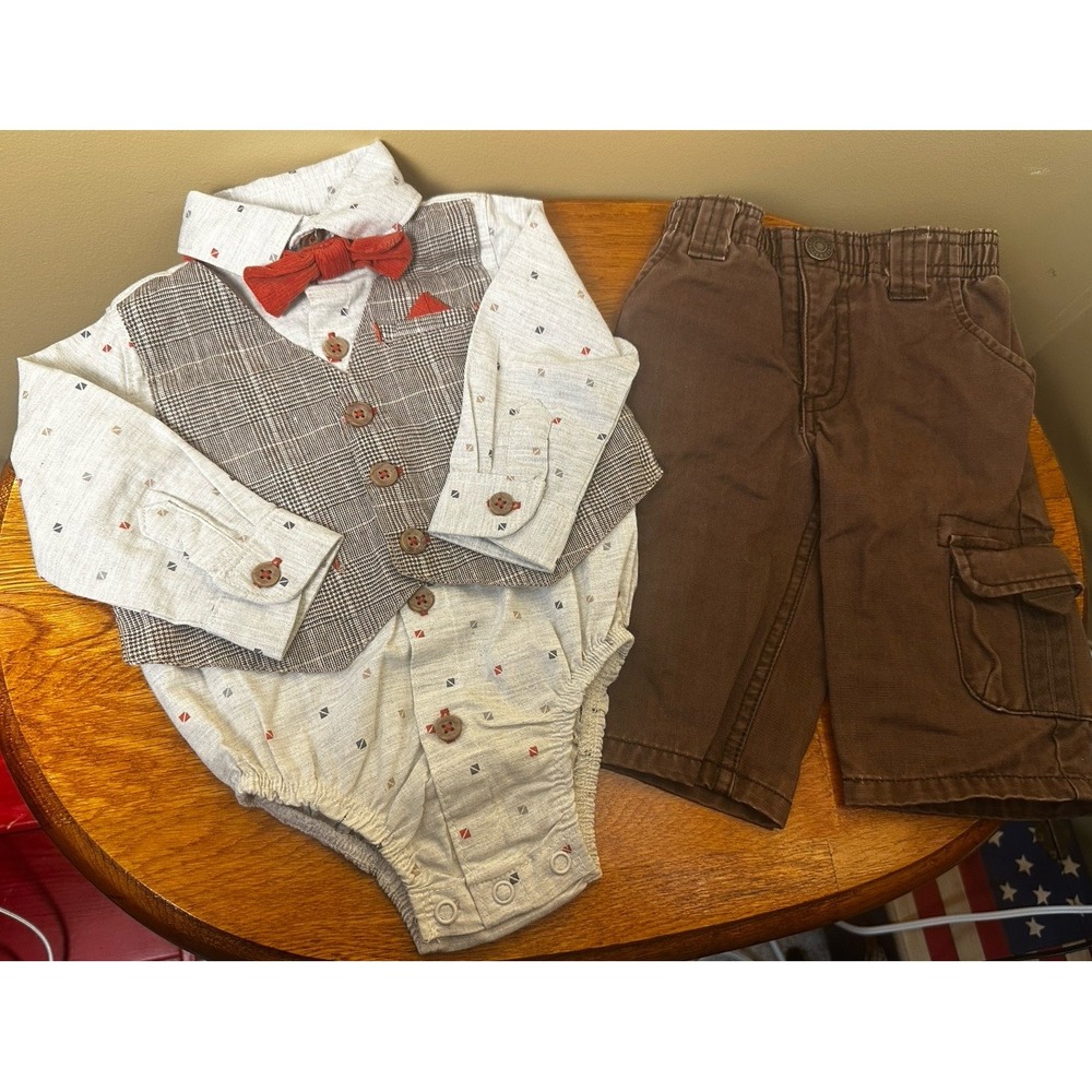 Little Lad 3 pc Shirt Pants Bowtie Set Boy's Size 3-6 Months Brown Church Dressy